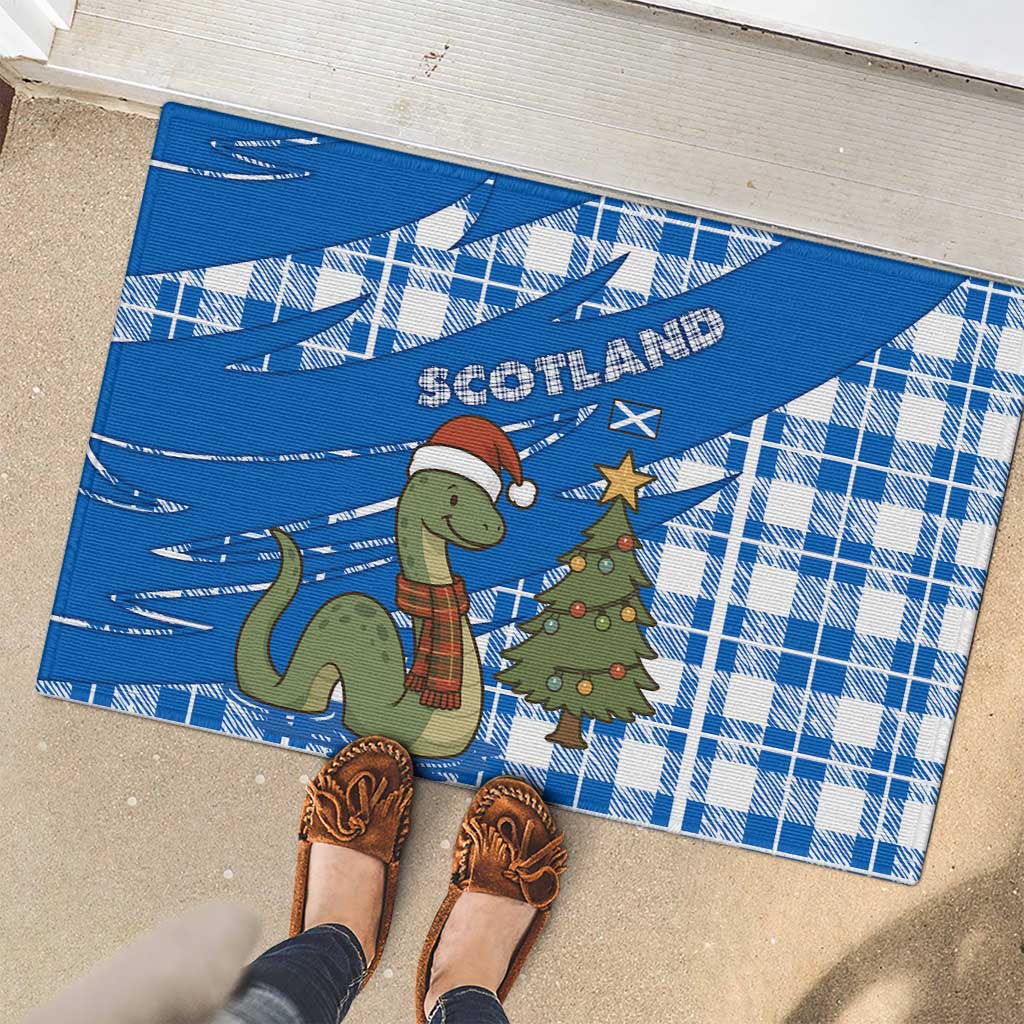 Scotland Christmas Rubber Doormat with Nessie Santa Hat and Blue Tartan Tree - Wonder Print Shop