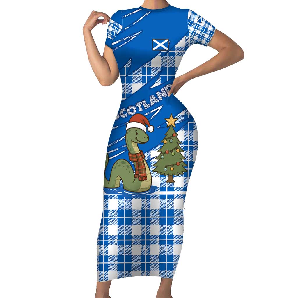 Scotland Christmas Short Sleeve Bodycon Dress with Nessie Santa Hat and Blue Tartan Tree - Wonder Print Shop
