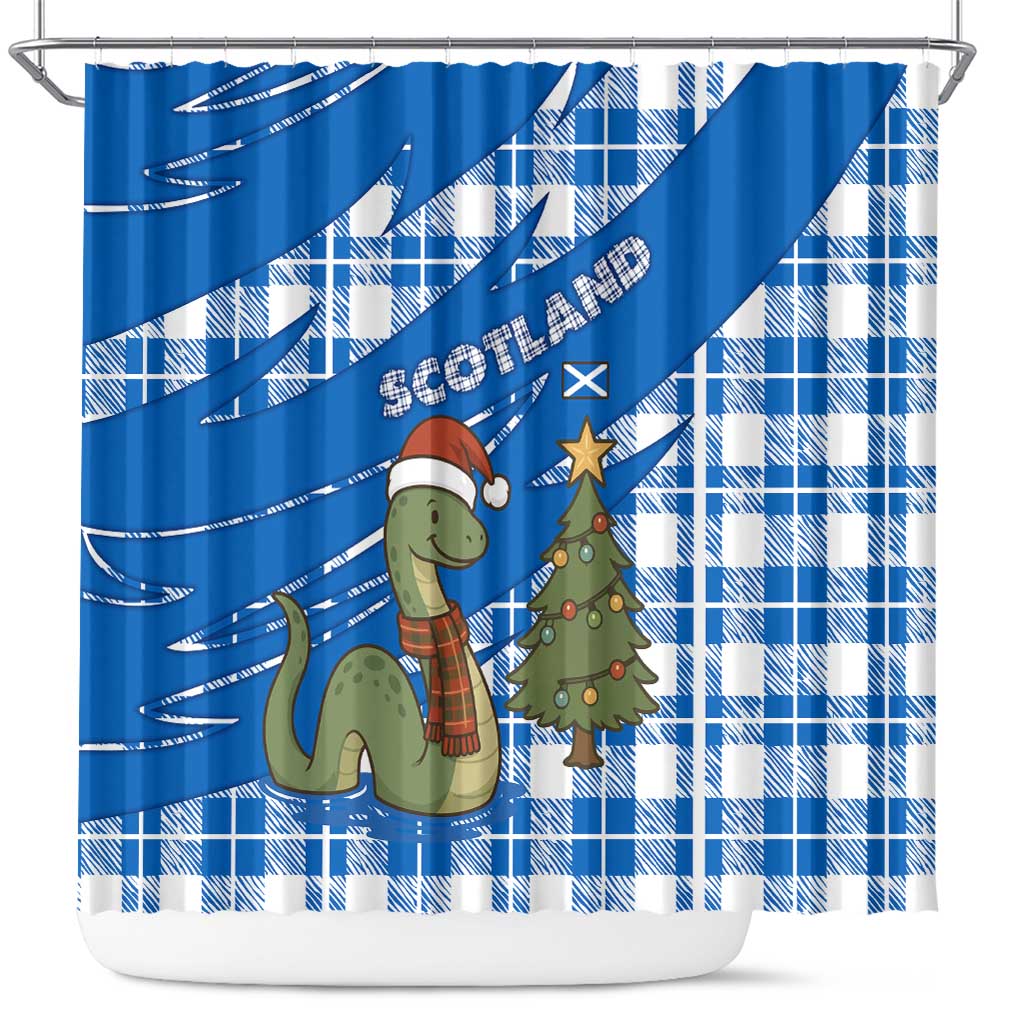 Scotland Christmas Shower Curtain with Nessie Santa Hat and Blue Tartan Tree - Wonder Print Shop