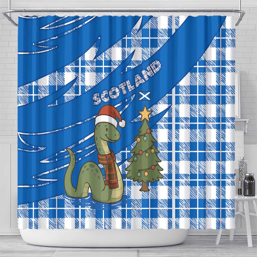 Scotland Christmas Shower Curtain with Nessie Santa Hat and Blue Tartan Tree - Wonder Print Shop