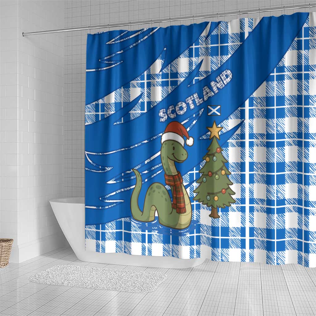 Scotland Christmas Shower Curtain with Nessie Santa Hat and Blue Tartan Tree - Wonder Print Shop