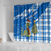 Scotland Christmas Shower Curtain with Nessie Santa Hat and Blue Tartan Tree - Wonder Print Shop