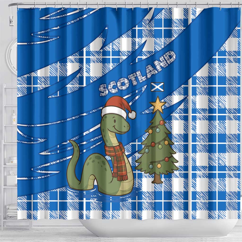 Scotland Christmas Shower Curtain with Nessie Santa Hat and Blue Tartan Tree - Wonder Print Shop