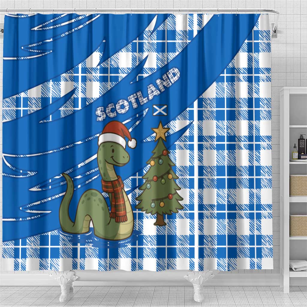 Scotland Christmas Shower Curtain with Nessie Santa Hat and Blue Tartan Tree - Wonder Print Shop