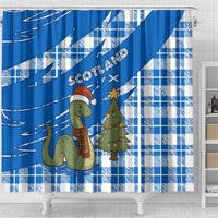 Scotland Christmas Shower Curtain with Nessie Santa Hat and Blue Tartan Tree - Wonder Print Shop