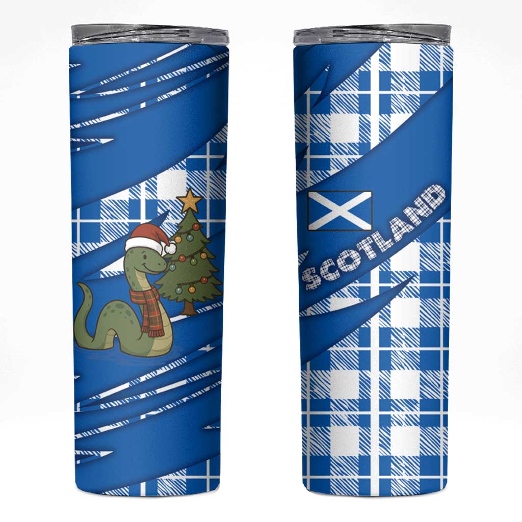 Scotland Christmas Skinny Tumbler with Nessie Santa Hat and Blue Tartan Tree - Wonder Print Shop