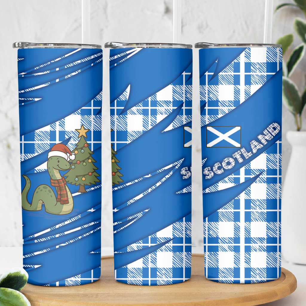 Scotland Christmas Skinny Tumbler with Nessie Santa Hat and Blue Tartan Tree - Wonder Print Shop