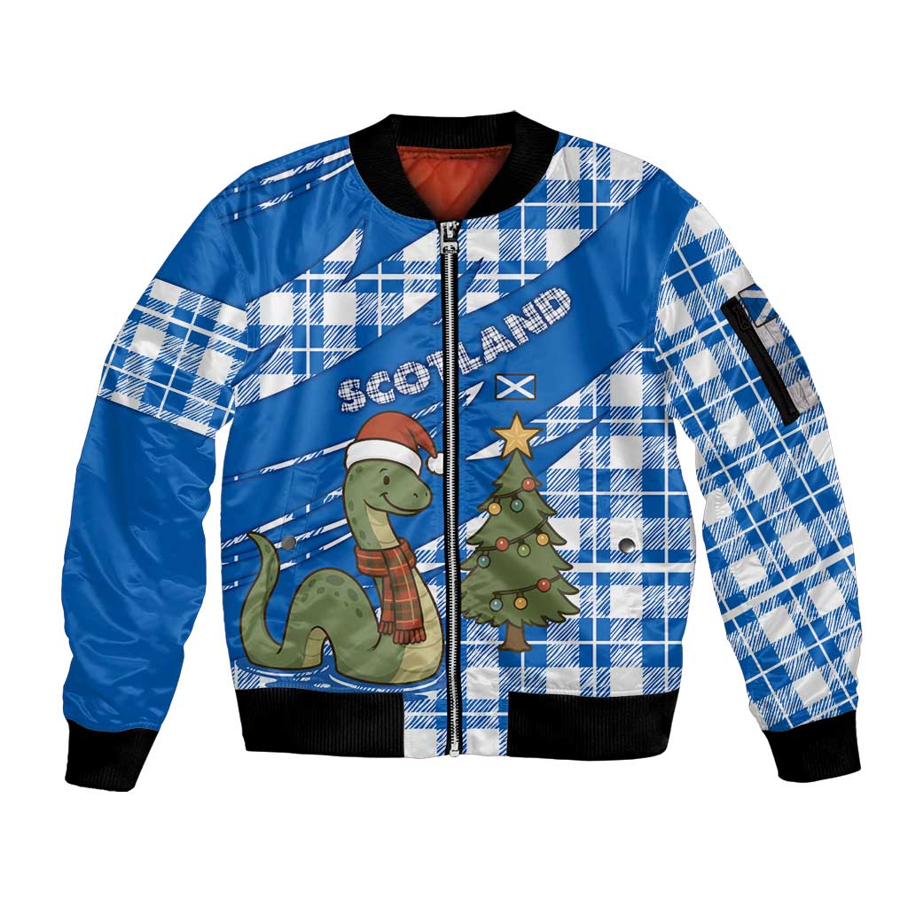 Scotland Christmas Sleeve Zip Bomber Jacket with Nessie Santa Hat and Blue Tartan Tree - Wonder Print Shop