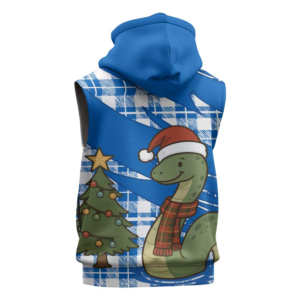 Scotland Christmas Sleeveless Hoodie with Nessie Santa Hat and Blue Tartan Tree - Wonder Print Shop