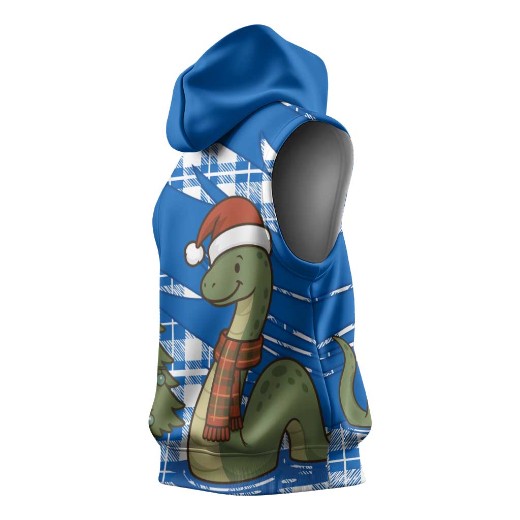 Scotland Christmas Sleeveless Hoodie with Nessie Santa Hat and Blue Tartan Tree - Wonder Print Shop
