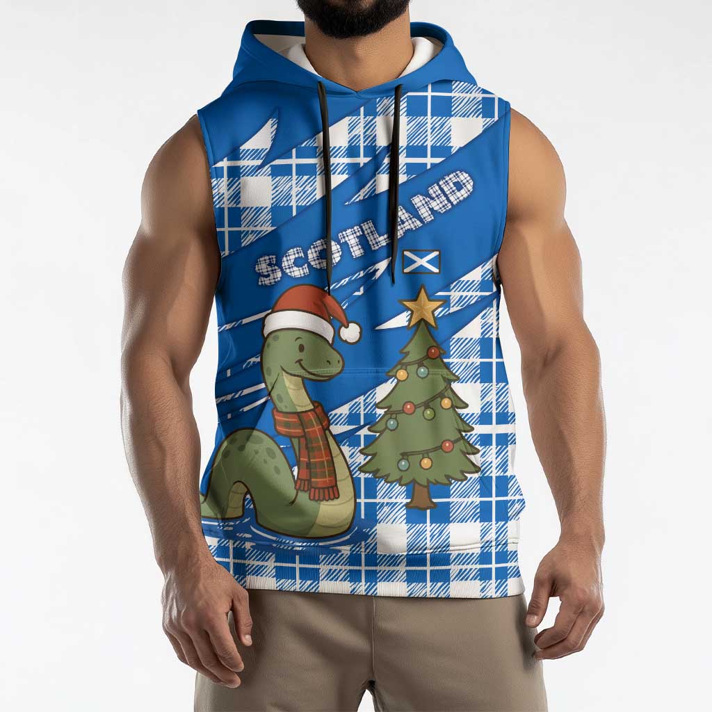 Scotland Christmas Sleeveless Hoodie with Nessie Santa Hat and Blue Tartan Tree - Wonder Print Shop