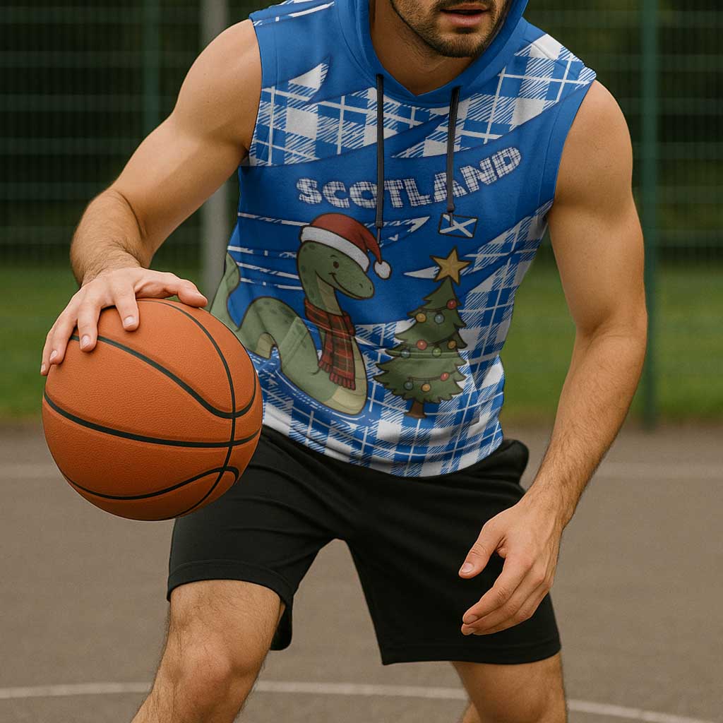 Scotland Christmas Sleeveless Hoodie with Nessie Santa Hat and Blue Tartan Tree - Wonder Print Shop
