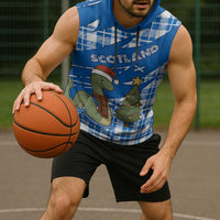 Scotland Christmas Sleeveless Hoodie with Nessie Santa Hat and Blue Tartan Tree - Wonder Print Shop