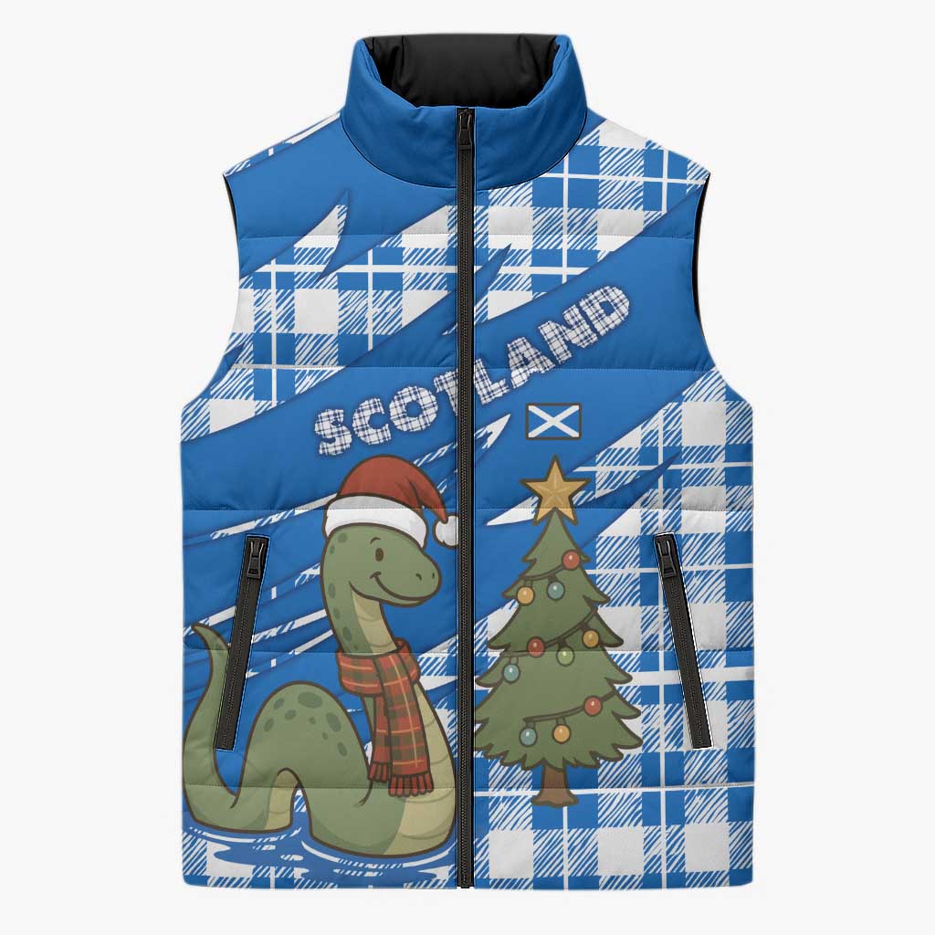 Scotland Christmas Sleeveless Puffer Jacket with Nessie Santa Hat and Blue Tartan Tree - Wonder Print Shop