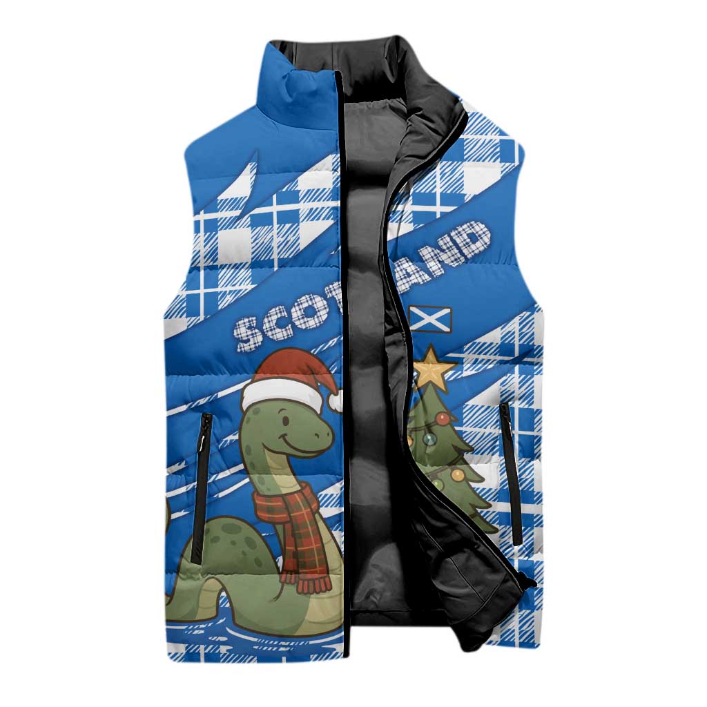 Scotland Christmas Sleeveless Puffer Jacket with Nessie Santa Hat and Blue Tartan Tree - Wonder Print Shop