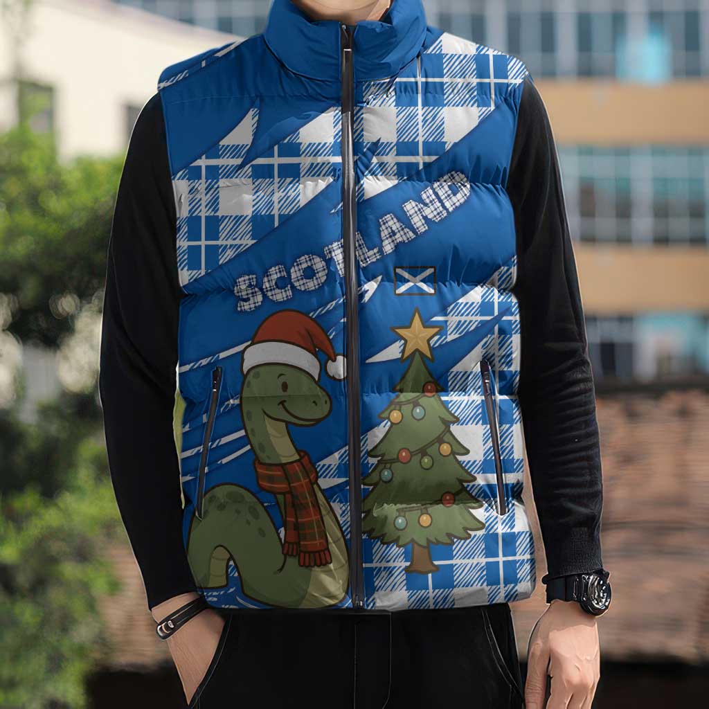 Scotland Christmas Sleeveless Puffer Jacket with Nessie Santa Hat and Blue Tartan Tree - Wonder Print Shop