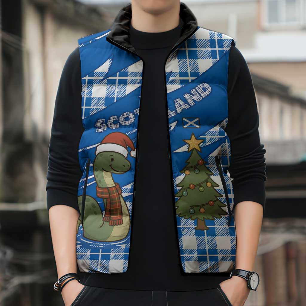 Scotland Christmas Sleeveless Puffer Jacket with Nessie Santa Hat and Blue Tartan Tree - Wonder Print Shop