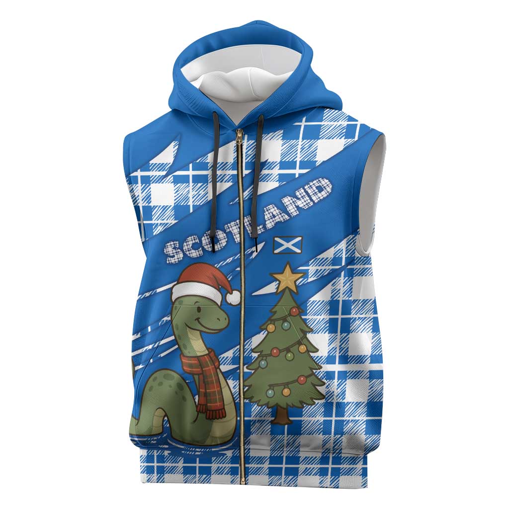 Scotland Christmas Sleeveless Zip Hoodie with Nessie Santa Hat and Blue Tartan Tree - Wonder Print Shop