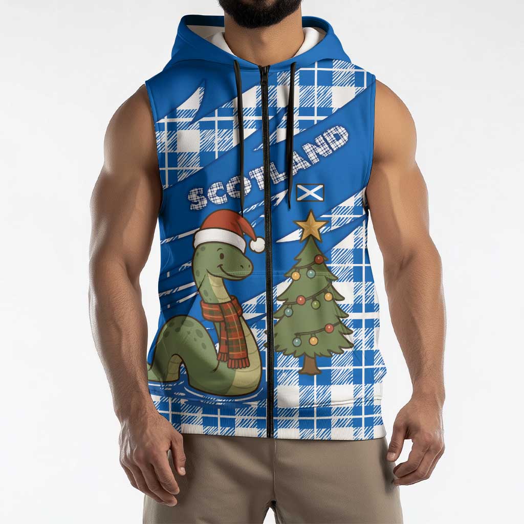 Scotland Christmas Sleeveless Zip Hoodie with Nessie Santa Hat and Blue Tartan Tree - Wonder Print Shop