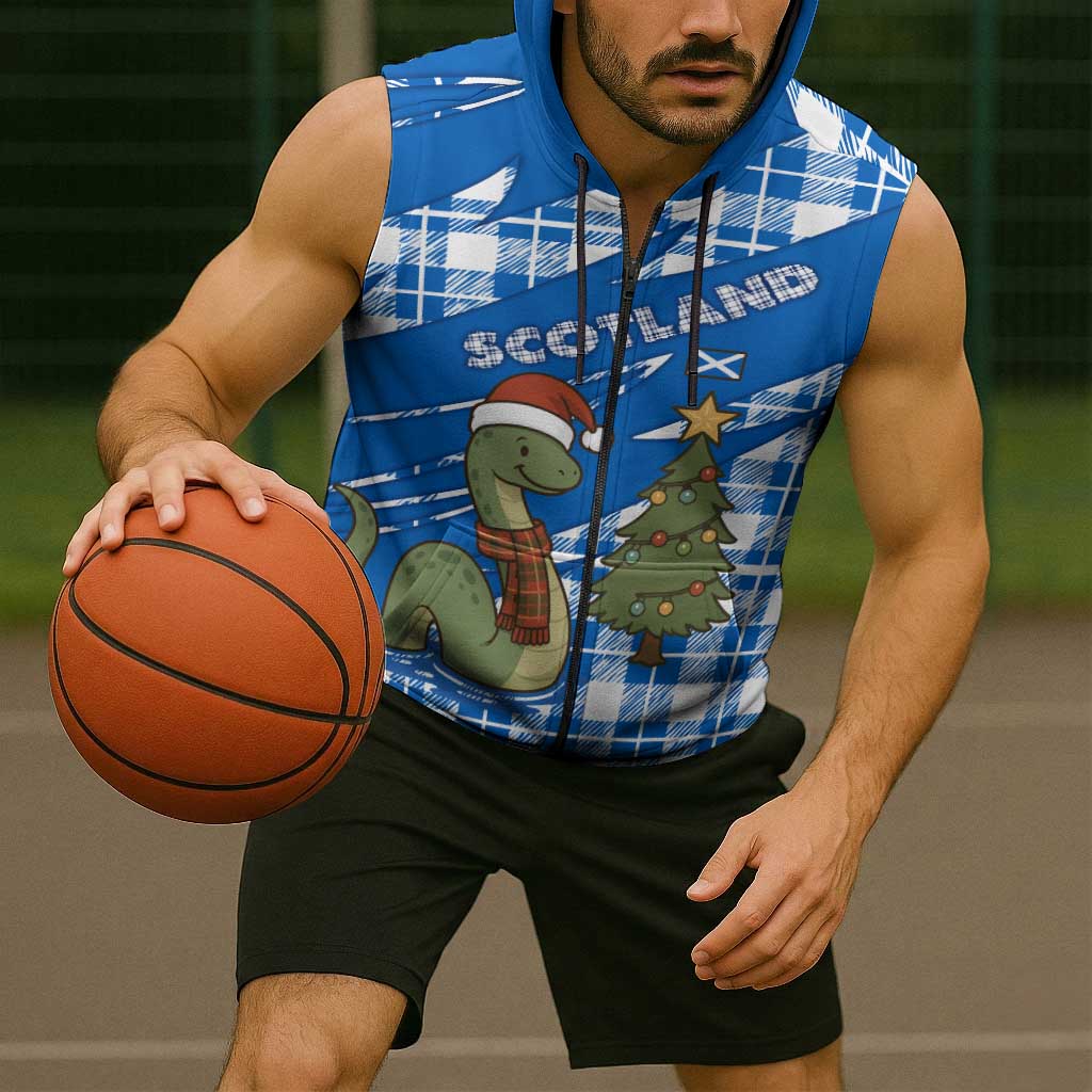 Scotland Christmas Sleeveless Zip Hoodie with Nessie Santa Hat and Blue Tartan Tree - Wonder Print Shop