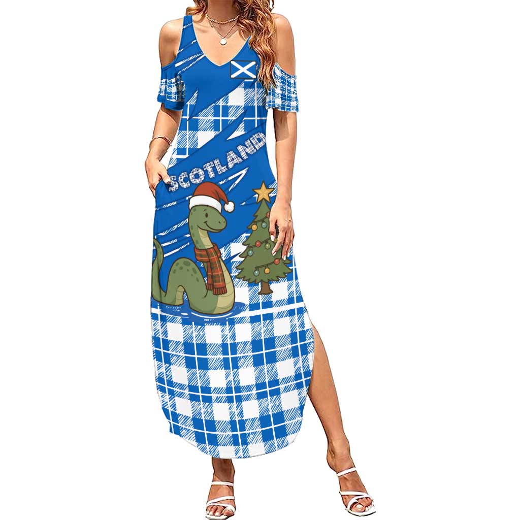 Scotland Christmas Summer Maxi Dress with Nessie Santa Hat and Blue Tartan Tree - Wonder Print Shop