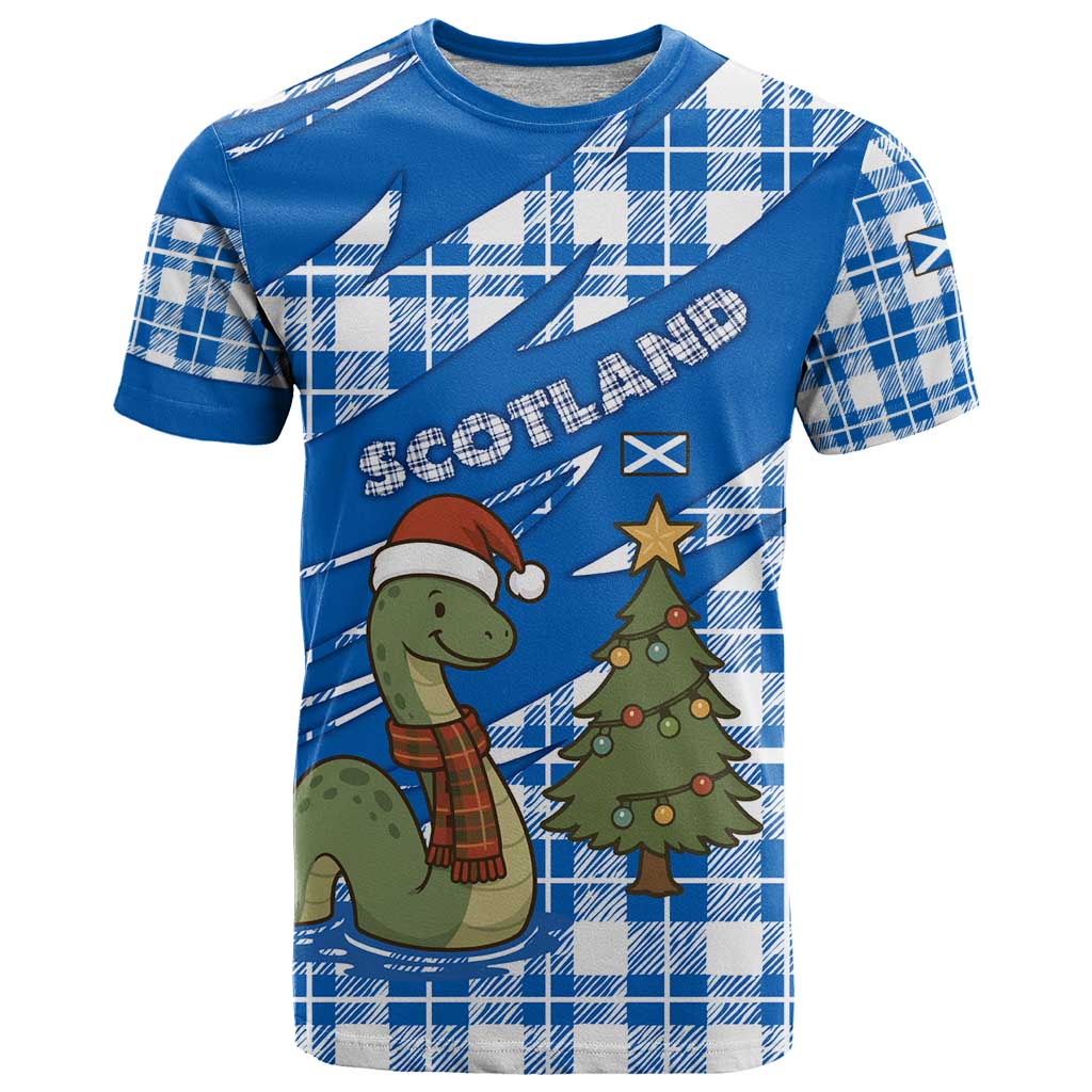 Scotland Christmas T Shirt with Nessie Santa Hat and Blue Tartan Tree - Wonder Print Shop