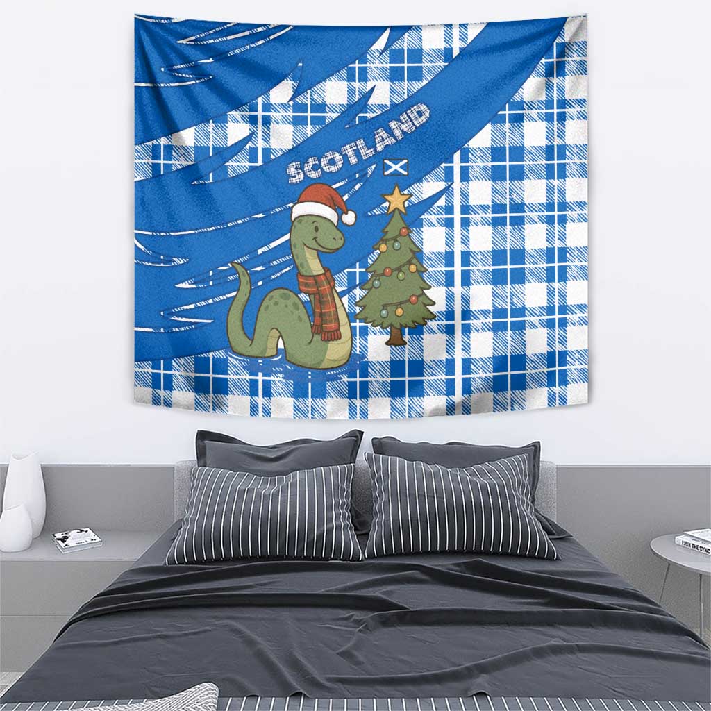 Scotland Christmas Tapestry with Nessie Santa Hat and Blue Tartan Tree - Wonder Print Shop