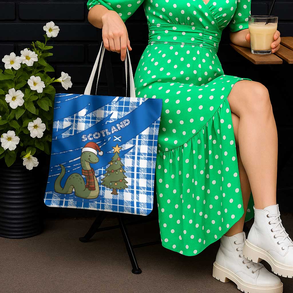Scotland Christmas Tote Bag with Nessie Santa Hat and Blue Tartan Tree - Wonder Print Shop