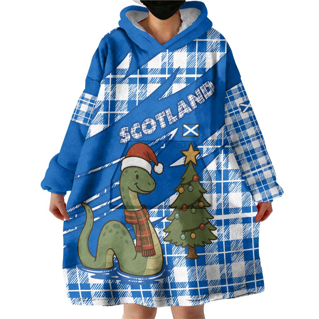 Scotland Christmas Wearable Blanket Hoodie with Nessie Santa Hat and Blue Tartan Tree - Wonder Print Shop