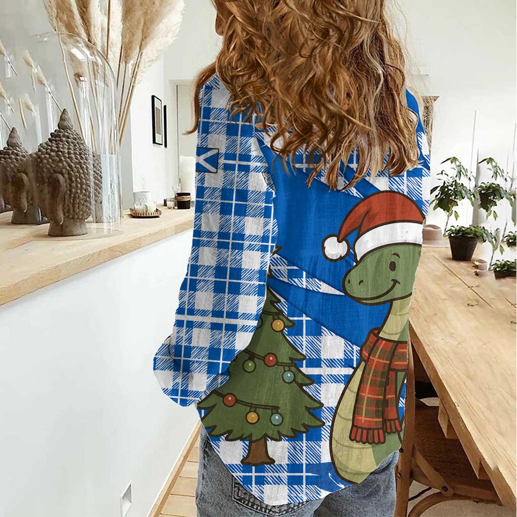 Scotland Christmas Women Casual Shirt with Nessie Santa Hat and Blue Tartan Tree - Wonder Print Shop