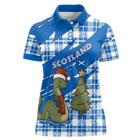 Scotland Christmas Women Polo Shirt with Nessie Santa Hat and Blue Tartan Tree - Wonder Print Shop