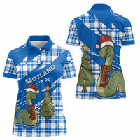 Scotland Christmas Women Polo Shirt with Nessie Santa Hat and Blue Tartan Tree - Wonder Print Shop