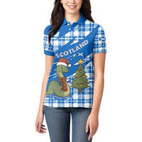 Scotland Christmas Women Polo Shirt with Nessie Santa Hat and Blue Tartan Tree - Wonder Print Shop