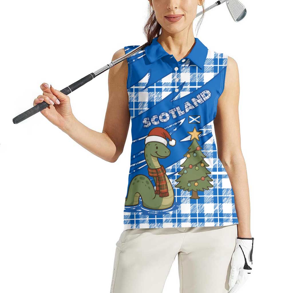 Scotland Christmas Women Sleeveless Polo Shirt with Nessie Santa Hat and Blue Tartan Tree - Wonder Print Shop