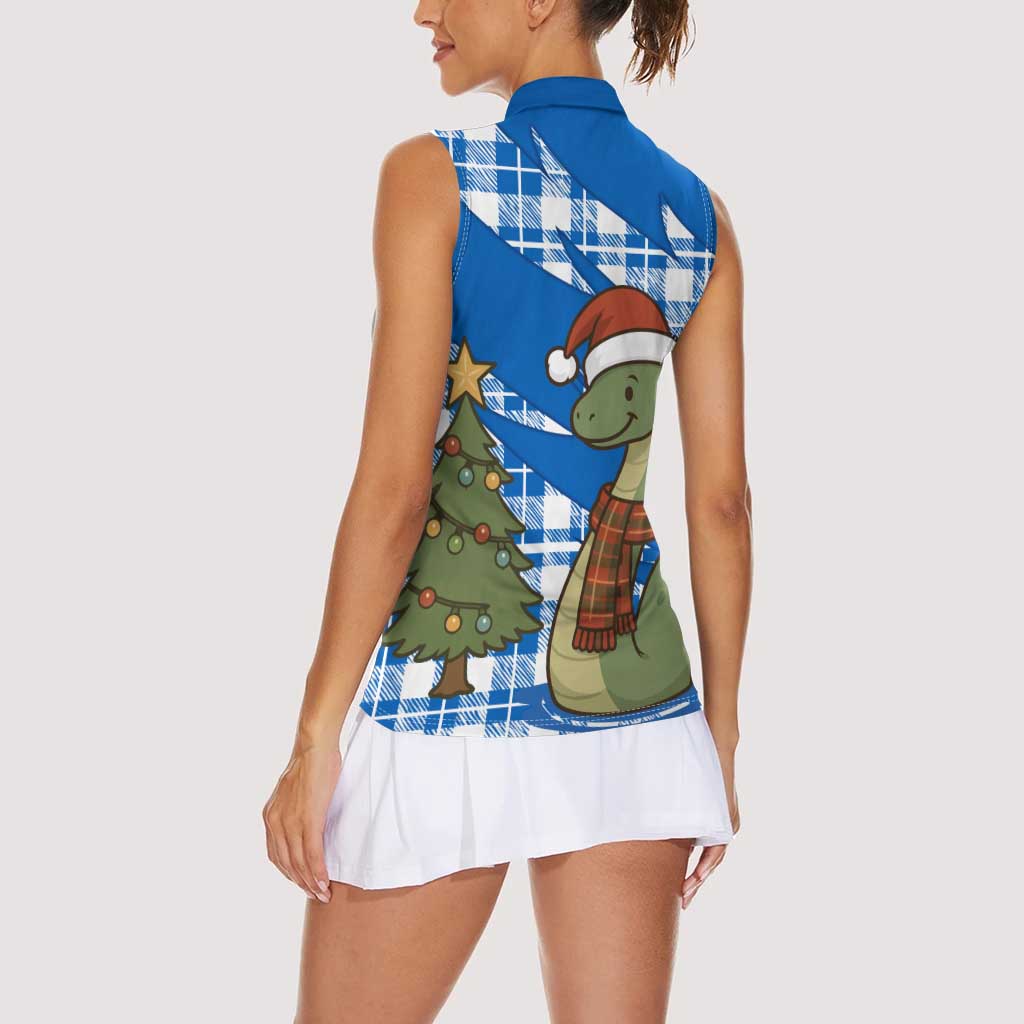 Scotland Christmas Women Sleeveless Polo Shirt with Nessie Santa Hat and Blue Tartan Tree - Wonder Print Shop