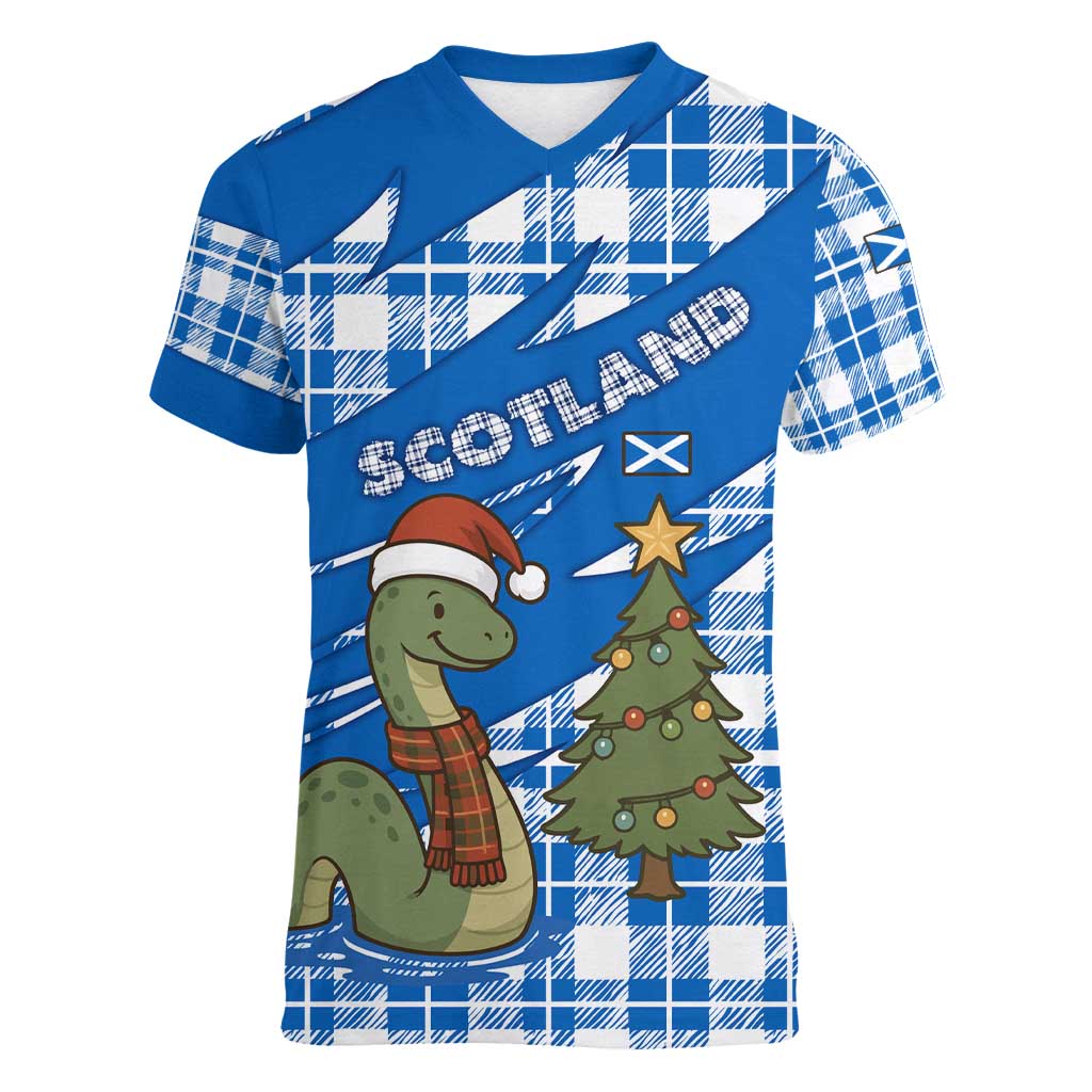 Scotland Christmas Women V-Neck T-Shirt with Nessie Santa Hat and Blue Tartan Tree - Wonder Print Shop