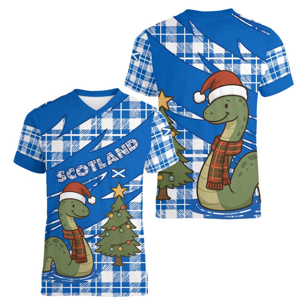 Scotland Christmas Women V-Neck T-Shirt with Nessie Santa Hat and Blue Tartan Tree - Wonder Print Shop