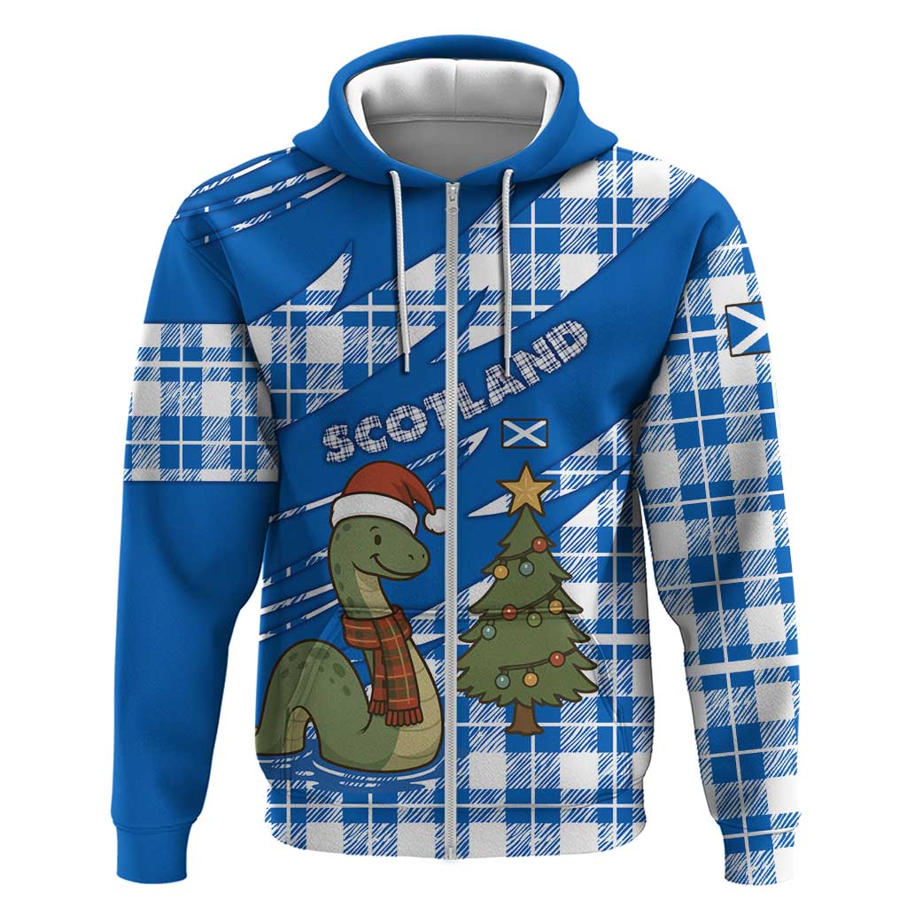 Scotland Christmas Zip Hoodie with Nessie Santa Hat and Blue Tartan Tree - Wonder Print Shop