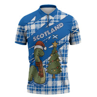 Scotland Christmas Zipper Polo Shirt with Nessie Santa Hat and Blue Tartan Tree - Wonder Print Shop