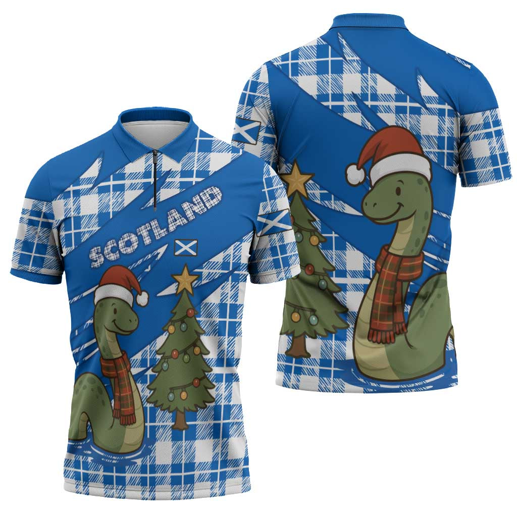 Scotland Christmas Zipper Polo Shirt with Nessie Santa Hat and Blue Tartan Tree - Wonder Print Shop