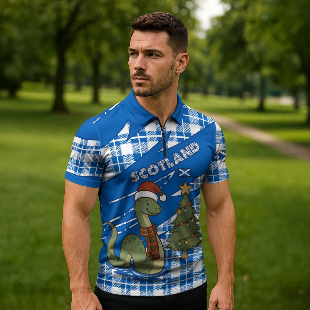 Scotland Christmas Zipper Polo Shirt with Nessie Santa Hat and Blue Tartan Tree - Wonder Print Shop