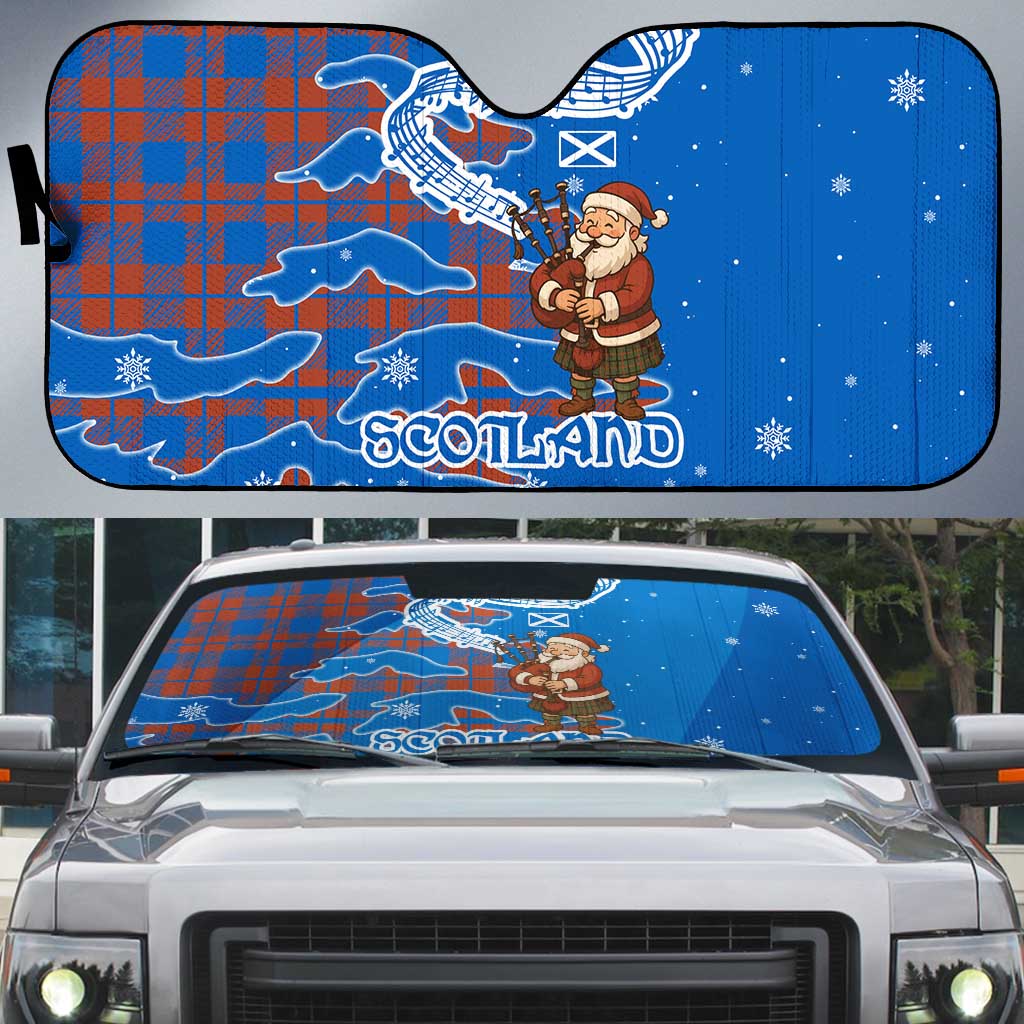 Scotland Christmas Auto Sun Shade with Santa Playing Bagpipes and Blue Red Tartan Music Notes - Wonder Print Shop