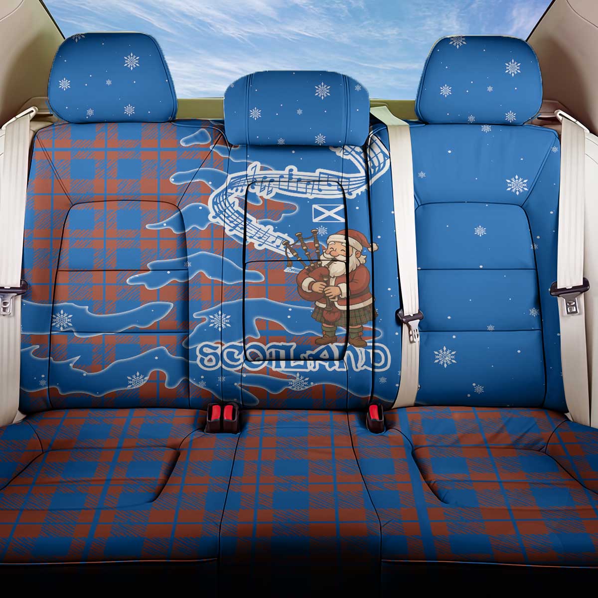 Scotland Christmas Back Car Seat Cover with Santa Playing Bagpipes and Blue Red Tartan Music Notes - Wonder Print Shop
