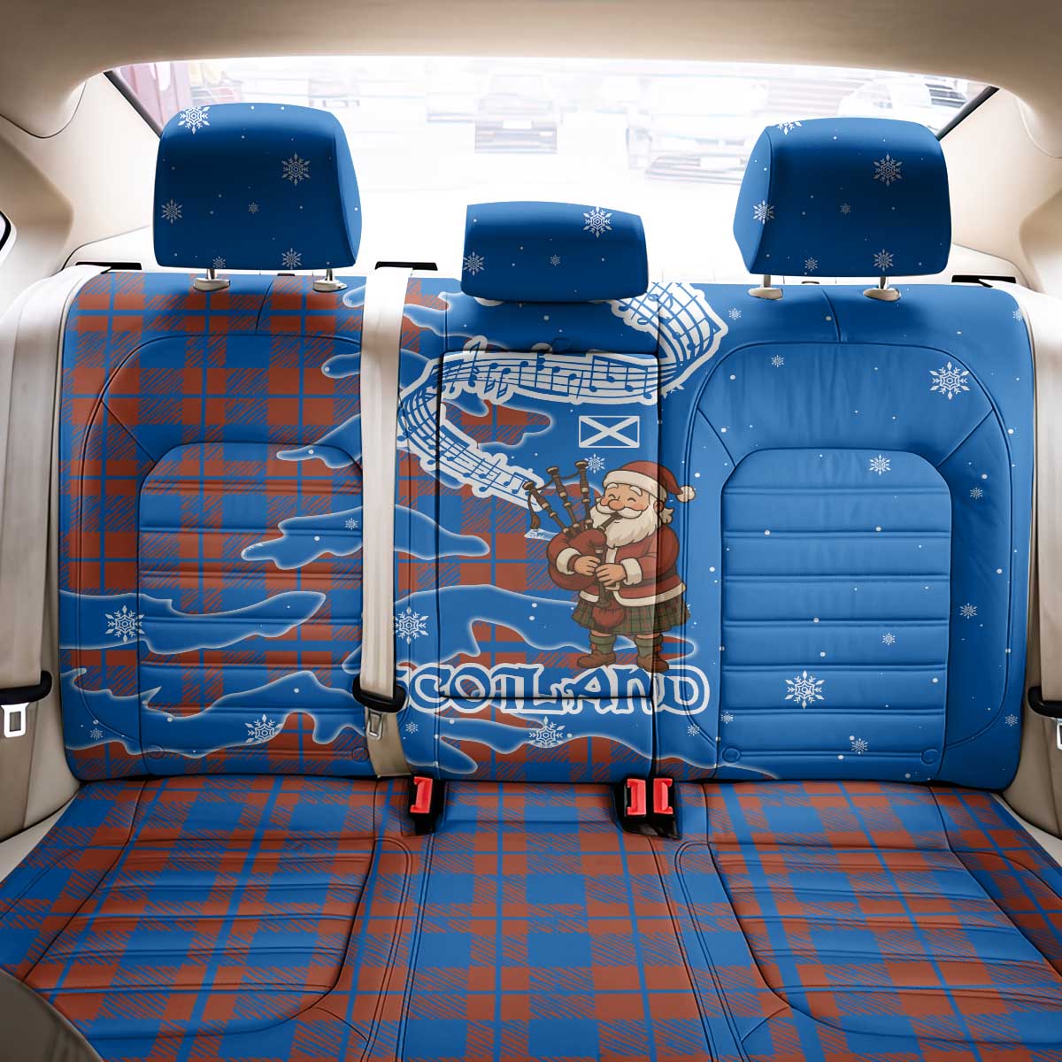 Scotland Christmas Back Car Seat Cover with Santa Playing Bagpipes and Blue Red Tartan Music Notes - Wonder Print Shop