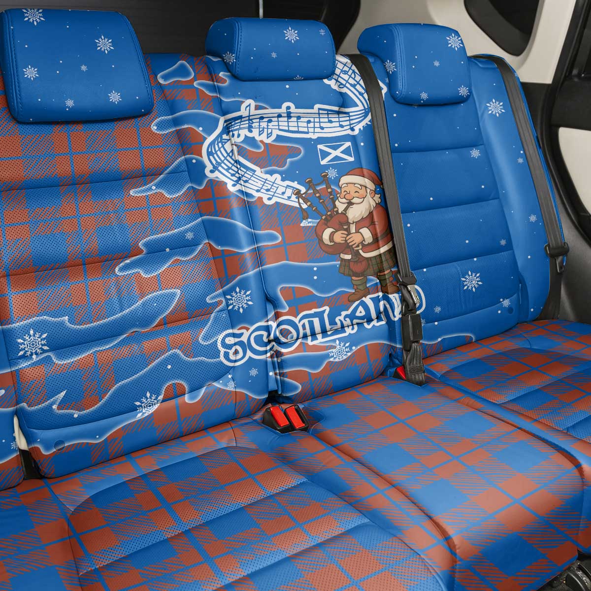 Scotland Christmas Back Car Seat Cover with Santa Playing Bagpipes and Blue Red Tartan Music Notes - Wonder Print Shop