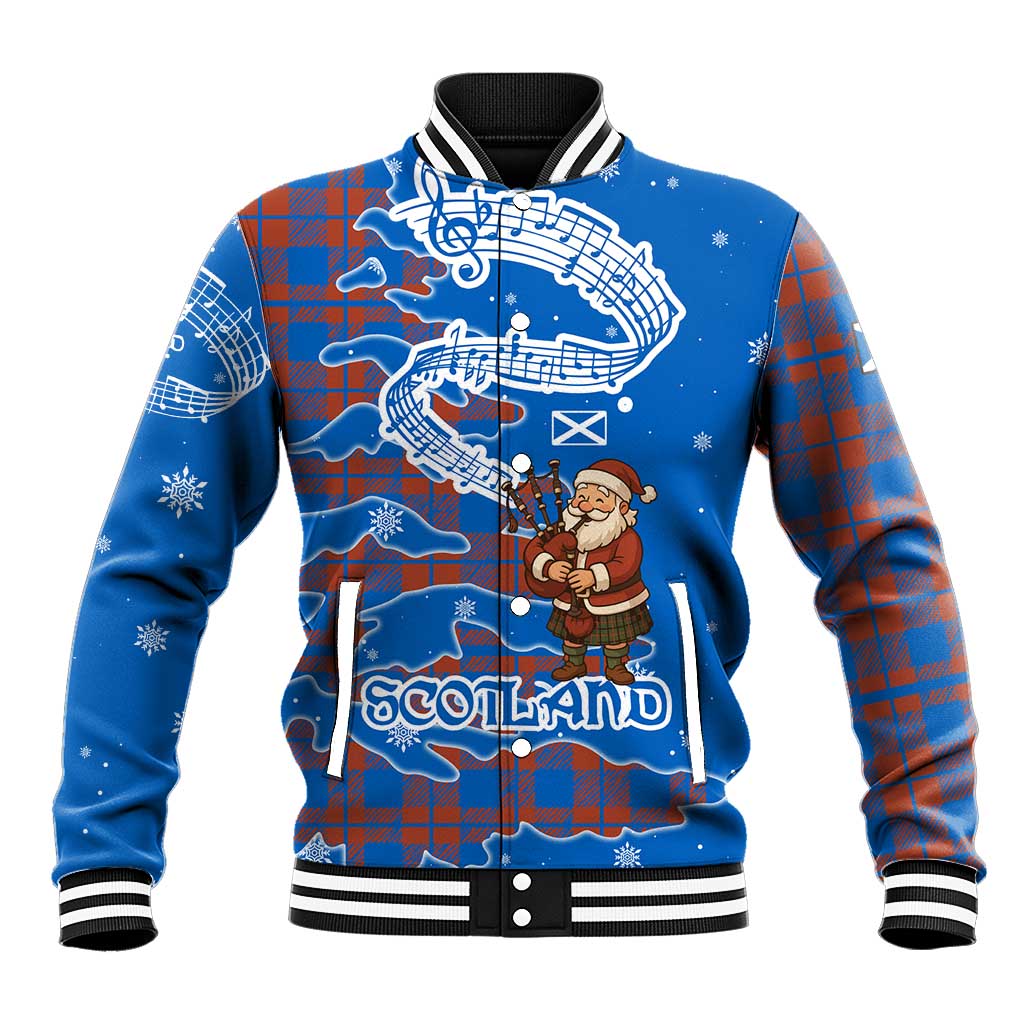 Scotland Christmas Baseball Jacket with Santa Playing Bagpipes and Blue Red Tartan Music Notes - Wonder Print Shop