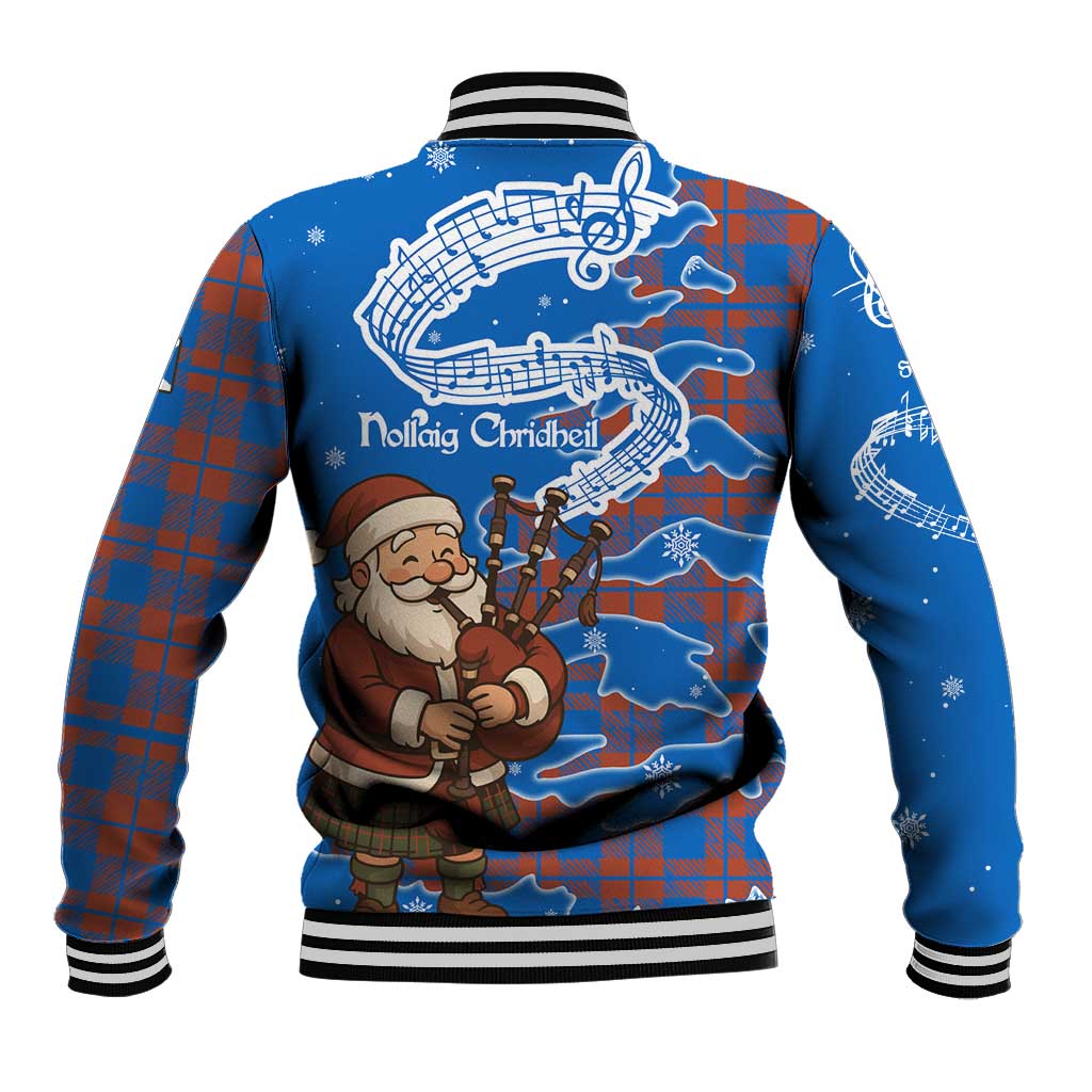 Scotland Christmas Baseball Jacket with Santa Playing Bagpipes and Blue Red Tartan Music Notes - Wonder Print Shop