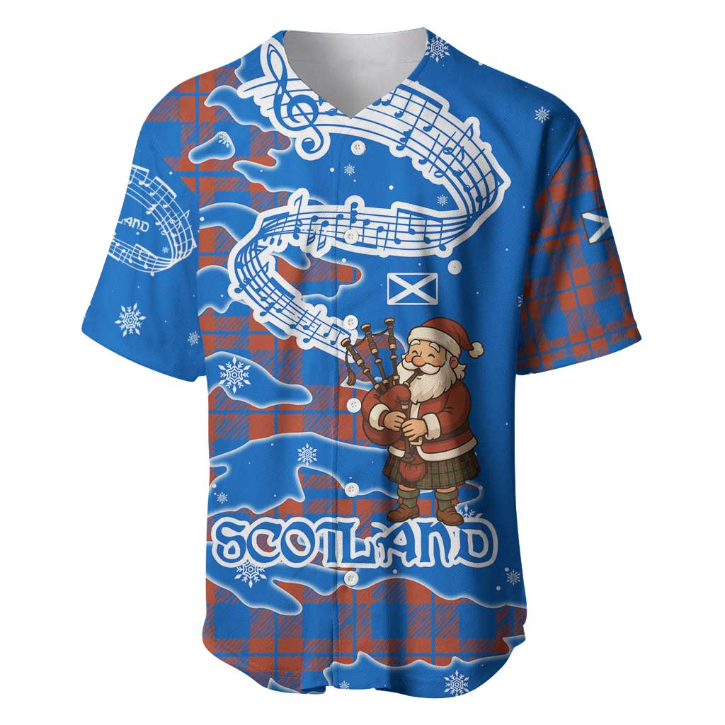 Scotland Christmas Baseball Jersey with Santa Playing Bagpipes and Blue Red Tartan Music Notes - Wonder Print Shop