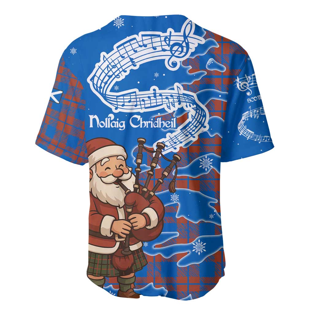 Scotland Christmas Baseball Jersey with Santa Playing Bagpipes and Blue Red Tartan Music Notes - Wonder Print Shop
