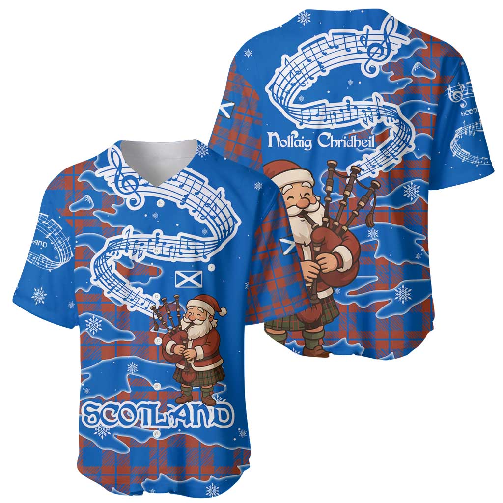 Scotland Christmas Baseball Jersey with Santa Playing Bagpipes and Blue Red Tartan Music Notes - Wonder Print Shop